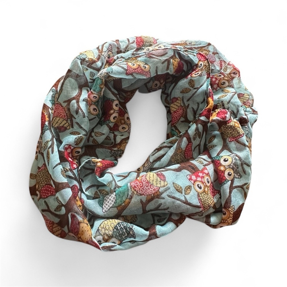 Vivian & Vincent Owl Scarf Infinity Teal & Brown Whimsical Viscose 70” X 20”